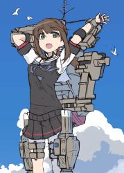 Rule 34 | 1girl, alternate costume, bird, black shirt, black skirt, brown hair, cloud, cloudy sky, commentary request, fubuki (kancolle), green eyes, highres, kantai collection, machinery, medium hair, minosu, neck ribbon, open mouth, outstretched arms, ponytail, purple ribbon, ribbon, rigging, seagull, shirt, short sleeves, sidelocks, skirt, sky, torpedo launcher, turret, white shirt