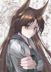 Rule 34 | 1girl, abstract background, absurdres, animal ears, brooch, brown eyes, brown hair, brown nails, closed mouth, commentary request, dress, fingernails, grey background, grey dress, highres, imaizumi kagerou, jewelry, long fingernails, long hair, looking at viewer, portrait, red brooch, short bangs, smile, solo, tofuandsoup, touhou, upper body, wolf ears, wolf girl
