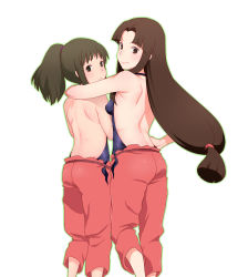 Rule 34 | 00s, 2girls, apron, ass, back, backless outfit, black eyes, black hair, child, from behind, highres, hizuki akira, long hair, looking back, low-tied long hair, md5 mismatch, multiple girls, ogino chihiro, pants, pink pants, ponytail, lin (sen to chihiro no kamikakushi), sen to chihiro no kamikakushi, simple background, studio ghibli, white background