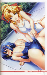 Rule 34 | 2girls, adjusting another&#039;s clothes, adjusting clothes, adjusting swimsuit, ass, assisted exposure, back, blonde hair, blue hair, blush, breasts, chain-link fence, cleavage, clothes pull, competition school swimsuit, covered erect nipples, dutch angle, embarrassed, fence, hair ornament, hair ribbon, hairclip, kiriya erika, kurogane otome, large breasts, long hair, looking back, lying, multiple girls, naughty face, on stomach, one-piece swimsuit, one-piece swimsuit pull, open mouth, outdoors, ponytail, purple eyes, ribbon, scan, school swimsuit, shiny clothes, shironeko sanbou, sitting, skin tight, swimsuit, tsuyokiss, wedgie, yellow eyes