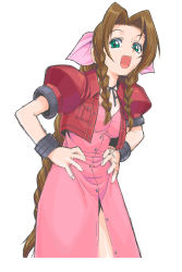 Rule 34 | 1990s (style), 1girl, :d, aerith gainsborough, bow, braid, breast pocket, brown hair, dress, fangs, final fantasy, final fantasy vii, green eyes, hands on own hips, highres, long dress, long hair, looking at viewer, open mouth, pink bow, pink dress, pocket, retro artstyle, shichimenchou, simple background, smile, solo, twin braids, very long hair, white background