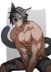 Rule 34 | 1boy, animal ears, arms between legs, warrior of light (ff14), bad id, bad pixiv id, black hair, black tail, border, cat boy, cat ears, cat tail, closed mouth, collarbone, commentary request, dark-skinned male, dark skin, facial scar, final fantasy, final fantasy xiv, green eyes, grey background, grey shorts, hair between eyes, invisible chair, leaning forward, looking at viewer, male focus, miqo&#039;te, mn (zig r14), outside border, pectorals, scar, scar on arm, scar on cheek, scar on face, short hair, shorts, simple background, sitting, solo, spread legs, tail, toned, toned male, topless male, twitter username, v arms, white border
