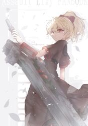 Rule 34 | 1girl, absurdres, andou tazusa, arm at side, assault lily, blonde hair, bow, brown dress, closed mouth, commentary request, cover, cover page, cowboy shot, doujin cover, dress, drop shadow, falling leaves, fingernails, frilled dress, frills, from below, from side, greatsword, grey background, hair between eyes, hair bow, hand up, high ponytail, highres, holding, holding sword, holding weapon, huge weapon, kuro ula, leaf, light blush, light particles, long dress, looking at viewer, looking to the side, ponytail, red bow, red eyes, short hair, short sleeves, sleeve bow, solo, standing, sword, two-tone background, weapon, white background, wide sleeves