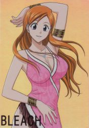 Rule 34 | 00s, 1girl, bleach, breasts, cleavage, highres, inoue orihime, jewelry, large breasts, long hair, necklace, official art, orange hair, smile, solo