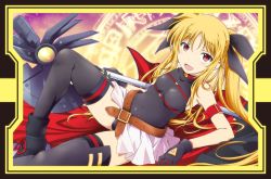 Rule 34 | 1girl, armlet, bardiche (axe form) (nanoha), bardiche (nanoha), belt, belt bra, black footwear, black gloves, black leotard, black ribbon, black thighhighs, blonde hair, boots, border, breasts, brown belt, commentary request, fate testarossa, fate testarossa (movie 1st form), gloves, hair ribbon, halterneck, highres, holding, holding weapon, iwami kyuuto, leotard, long hair, looking at viewer, lying, lyrical nanoha, magic circle, magical girl, mahou shoujo lyrical nanoha, mahou shoujo lyrical nanoha a&#039;s, mahou shoujo lyrical nanoha the movie 2nd a&#039;s, miniskirt, on back, open mouth, pink skirt, pleated skirt, red eyes, ribbon, skirt, small breasts, smile, solo, thighhighs, twintails, very long hair, weapon, yellow border