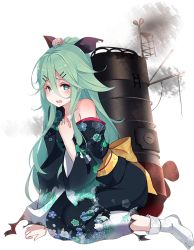Rule 34 | 1girl, bare shoulders, blush, full body, green eyes, green hair, hair ornament, hairclip, japanese clothes, kantai collection, kimono, kneeling, kujou ichiso, long hair, looking at viewer, machinery, official art, ribbon, sandals, smoke, solo, tabi, torn clothes, transparent background, wide sleeves, yamakaze (kancolle)