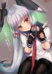 Rule 34 | 1girl, black gloves, black pantyhose, blunt bangs, blush, clenched hand, dress, fingerless gloves, gloves, hair ribbon, head tilt, headgear, highres, index finger raised, kantai collection, leaning, long hair, looking at viewer, murakumo (kancolle), open mouth, pantyhose, red neckwear, ribbon, sailor dress, sazamiso rx, school uniform, seiza, serafuku, sidelocks, signature, silver hair, simple background, sitting, smile, solo, thighband pantyhose, translation request, tress ribbon, very long hair