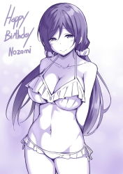 Rule 34 | 1girl, arms behind back, bikini, breasts, cleavage, closed mouth, collarbone, cowboy shot, frilled bikini, frills, hair ornament, hair scrunchie, happy birthday, large breasts, long hair, looking at viewer, love live!, love live! school idol project, low twintails, lowleg, lowleg bikini, monochrome, navel, purple theme, scrunchie, side-tie bikini bottom, sky-freedom, smile, solo, swimsuit, tojo nozomi, twintails