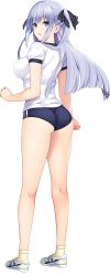 Rule 34 | 1girl, absurdres, alternate costume, ass, blue eyes, blush, breasts, buruma, feet, female focus, floating hair, from behind, full body, game cg, groin, gym uniform, hand up, hibiki works, highres, iizuki tasuku, legs, legs apart, light blush, light purple hair, looking at viewer, looking back, original, parted lips, purple hair, shiny skin, shoes, sideboob, smile, sneakers, socks, solo, standing, suiren to shion, tachi-e, thighs, transparent background, two side up, wakami shion