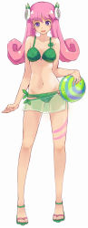Rule 34 | 1girl, :d, anklet, ball, bare shoulders, beachball, hair ornament, highres, jewelry, leaf bikini, legs, long hair, navel, open mouth, pink hair, purple eyes, sandals, smile, solo, standing, swimsuit