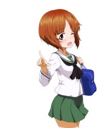 Rule 34 | 1girl, bag, black neckerchief, blouse, brown eyes, brown hair, carrying, cowboy shot, girls und panzer, green skirt, kayabakoro, light blush, long sleeves, looking at viewer, miniskirt, neckerchief, nishizumi miho, one eye closed, ooarai school uniform, open mouth, pleated skirt, pointing, sailor collar, school bag, school uniform, serafuku, shirt, short hair, simple background, skirt, smile, solo, standing, textless version, white background, white sailor collar, white shirt