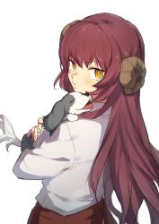 Rule 34 | 1girl, animal, animal hair ornament, blouse, brown hair, dog, fate/grand order, fate (series), highres, holding, holding animal, holding dog, kabutomushi s, long hair, looking back, mary anning (fate), shirt, slit pupils, white background, white shirt, yellow eyes