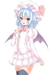 Rule 34 | 1girl, :d, bat wings, black thighhighs, blue hair, blush, bow, bowtie, breasts, cowboy shot, fang, frilled shirt, frills, hair between eyes, hat, hat bow, juliet sleeves, junior27016, lace, lace-trimmed legwear, lace trim, layered skirt, long sleeves, looking at viewer, miniskirt, mob cap, open mouth, pink shirt, pink skirt, pointy ears, puffy sleeves, red bow, red bowtie, red eyes, remilia scarlet, shirt, short hair, sketch, skirt, small breasts, smile, solo, thighhighs, touhou, unfinished, wings, zettai ryouiki