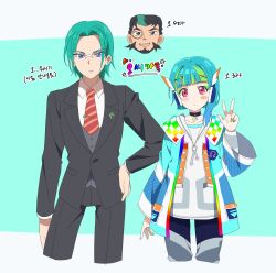 Rule 34 | 1girl, 2boys, beard, black choker, black hair, black jacket, black pants, blue eyes, blue hair, blue jacket, blunt bangs, brother and sister, business suit, chibi, chibi inset, choker, closed mouth, collared shirt, commentary request, cropped legs, dolldolldd, eyeshadow, facial hair, facial mark, family, father and daughter, father and son, formal, glasses, green eyeshadow, green hair, green nails, hair ornament, hand on own hip, highres, jacket, korean commentary, korean text, long sleeves, looking at viewer, makeup, monocle, multicolored hair, multiple boys, nail polish, necktie, omega achihiko, omega auru, omega auru (primagista), omega inoru, open mouth, pants, parted lips, pink eyes, pretty series, shirt, short hair, siblings, smile, standing, streaked hair, striped necktie, suit, translation request, w, waccha primagi!, white shirt, x hair ornament