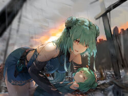 Rule 34 | 2girls, aged down, backless outfit, blood, braid, closed eyes, cuts, detached sleeves, double bun, dress, funi mu9, green hair, hair bun, hair ribbon, highres, hololive, injury, long hair, lying, mother and daughter, multiple girls, on back, open mouth, planted, planted sword, planted weapon, rain, red eyes, ribbon, side braid, sleeveless, sleeveless dress, sword, uruha rushia, virtual youtuber, weapon