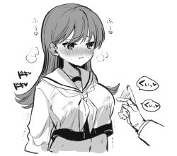 Rule 34 | 1girl, 1other, afterimage, blush, closed mouth, greyscale, heart, kantai collection, long hair, long sleeves, monochrome, nanahamu, navel, neckerchief, ooi (kancolle), ooi kai ni (kancolle), sailor collar, school uniform, serafuku, simple background, solo focus, upper body, white background