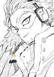 Rule 34 | 1boy, boku no hero academia, buttons, eyebrows, eyeliner, facial hair, feathered wings, feathers, forehead, fur trim, goggles, hawks (boku no hero academia), headphones, highres, jacket, looking at viewer, makeup, male focus, monochrome, short hair, sketch, smile, solo, stubble, usazaki shiro, white background, wings