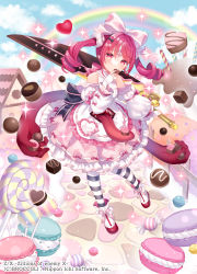 Rule 34 | 1girl, black bow, black legwear, blue sky, bow, candy, candy cane, character request, chocolate, chocolate heart, cloud, copyright name, copyright notice, fingerless gloves, food, full body, gloves, hair bow, heart, highres, holding, holding food, house, long sleeves, looking at viewer, pantyhose, pink bow, pointy ears, rainbow, red footwear, red hair, sky, solo, striped clothes, striped legwear, striped pantyhose, wasabi (sekai), white bow, white gloves, white legwear, z/x