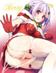 Rule 34 | 1girl, ahoge, ass, azur lane, bell, blush, bow, breasts, christmas, cleavage, cum, cum on body, cum on lower body, cygnet (azur lane), cygnet (holy night&#039;s hymn) (azur lane), garter straps, gloves, gradient background, green bow, hair bow, light purple hair, long hair, looking at viewer, medium breasts, merry christmas, noukatu, pink eyes, red background, red gloves, santa costume, solo, striped, striped bow, thighhighs, white background, white thighhighs