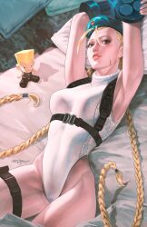 Rule 34 | 1girl, armpits, ass, bed, blonde hair, braid, breasts, cammy white, character doll, curvy, doll, green eyes, guile, hat, highleg, highleg leotard, highres, leotard, lips, long hair, lying, medium breasts, on bed, santa fung, sleeveless, street fighter, thong leotard, twin braids, white leotard, wide hips
