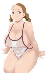 Rule 34 | 1girl, blue eyes, braid, breasts, brown hair, cleavage, covered erect nipples, fat, gundam, gundam suisei no majo, highres, large breasts, lilique kadoka lipati, looking at viewer, makoto daikichi, nipples, one-piece swimsuit, plump, see-through swimsuit, simple background, smile, solo, swimsuit, textless version, thick thighs, thighs, twin braids, twintails, white background