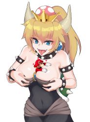 Rule 34 | 1boy, 1girl, between breasts, blonde hair, blue eyes, bowsette, bracelet, breasts, cleavage, collar, fangs, highres, horns, jewelry, large breasts, long hair, mario, mario (series), mini person, miniboy, navel, new super mario bros. u deluxe, nintendo, ponytail, seikoru, signature, spiked bracelet, spiked collar, spikes, tongue, tongue out