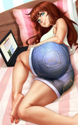 Rule 34 | 1girl, 4chan, ass, barefoot, bed, blue eyes, breasts, brown hair, computer, denim, denim shorts, dutch angle, feet, freckles, huge ass, kairunoburogu, laptop, large breasts, long hair, on bed, original, pillow, plantar flexion, plump, shorts, smile, soles, solo, tank top, toes