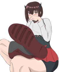 Rule 34 | 1girl, bike shorts, blush, brown eyes, brown hair, covering own mouth, crossed legs, hand over own mouth, highres, kantai collection, looking at viewer, maikuma20, medium hair, shoes, taihou (kancolle)