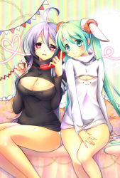 Rule 34 | 2girls, ahoge, animal ears, breasts, cleavage, corded phone, flat chest, green eyes, green hair, hatsune miku, long hair, looking at viewer, maronie., meme attire, multiple girls, no pants, open-chest sweater, phone, pink eyes, purple hair, sheep ears, sitting, smile, striped, striped background, sweater, twintails, vertical stripes, very long hair, vocaloid, yowane haku
