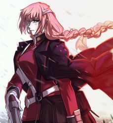 Rule 34 | 1girl, bandages, bandage over one eye, braid, braided ponytail, breasts, coat, coat on shoulders, fate/grand order, fate (series), florence nightingale (fate), gloves, gun, handgun, highres, inktober, jacket, kamuify, looking at viewer, military, military uniform, pink hair, red eyes, red jacket, simple background, solo, trench coat, uniform, weapon, white background, white gloves