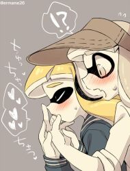 Rule 34 | !?, 2girls, behind another, blonde hair, blush, closed eyes, dutch angle, eromame, fang, flying sweatdrops, from side, grey eyes, grey hair, hat, holding, inkling, inkling girl, inkling player character, licking, licking finger, long sleeves, multiple girls, nintendo, open mouth, profile, sailor, saliva, shirt, simple background, skin fang, sleeves rolled up, splatoon (series), splatoon 1, surprised, sweat, sweatdrop, tareme, tentacle hair, thick eyebrows, visor cap, yuri