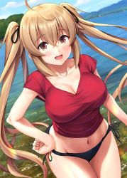 Rule 34 | 1girl, :d, bikini, bikini under clothes, black bikini, blouse, blush, breasts, brown eyes, cleavage, collarbone, cowboy shot, day, hair between eyes, highres, ichikawa feesu, kantai collection, large breasts, light brown hair, long hair, murasame (kancolle), open mouth, red shirt, shirt, side-tie bikini bottom, smile, solo, swimsuit, swimsuit under clothes, twintails, very long hair