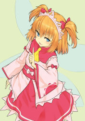 1girl, ascot, bangs, blouse, blue eyes, blue wings, bow, eyebrows behind hair, fairy wings, from below, green background, hair between eyes, hair bow, headdress, highres, index finger raised, kakone, long sleeves, looking at viewer, open mouth, orange hair, pink blouse, red bow, red sash, red skirt, sash, short hair, simple background, skirt, solo, standing, sun print, sunny milk, touhou, two side up, white bow, wide sleeves, wings, yellow neckwear