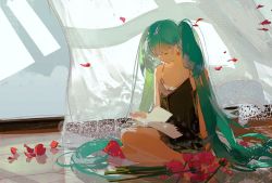 Rule 34 | 1girl, aqua hair, bare shoulders, barefoot, black dress, book, breasts, cleavage, curtains, day, dress, earrings, facing down, flower, green hair, hatsune miku, highres, holding, holding book, indoors, jewelry, lace trim, long hair, on floor, open book, petals, reading, red flower, redum4, sitting, sleeveless, sleeveless dress, solo, twintails, very long hair, vocaloid, wind, window shadow, yokozuwari