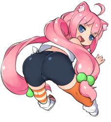 Rule 34 | ahoge, animal ear fluff, animal ears, ass, asymmetrical legwear, bent over, bike shorts, black shorts, blue eyes, boots, cat ears, fang, foreshortening, from behind, fukurou (owl222), hair bobbles, hair ornament, hinata channel, hip attack, long hair, looking back, low twintails, mismatched legwear, nekomiya hinata, open mouth, orange thighhighs, pink hair, presenting, shorts, simple background, smile, solo, striped clothes, striped thighhighs, tank top, thighhighs, twintails, very long hair, virtual youtuber, white background, white footwear, white tank top