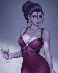 Rule 34 | 1girl, alcohol, alternate hair length, alternate hairstyle, artist name, bracelet, breasts, center opening, cleavage, closed mouth, collarbone, colored skin, commentary, cowboy shot, cup, dress, drinking glass, earrings, english commentary, eyeshadow, gradient background, highres, holding, holding cup, hoop earrings, jewelry, large breasts, lips, looking to the side, makeup, nail polish, necklace, overwatch, overwatch 1, purple dress, purple skin, red lips, sciamano240, short hair, short ponytail, signature, solo, tattoo, widowmaker (overwatch), wine, wine glass, yellow eyes