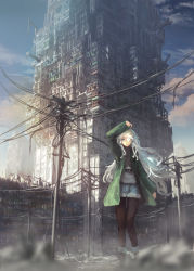 Rule 34 | 1girl, black pantyhose, blurry, building, coat, commentary request, denim, denim shorts, denki, depth of field, eyepatch, pantyhose under shorts, long hair, original, outdoors, pantyhose, pantyhose under shorts, power lines, ruins, scenery, shorts, sky, solo, standing, white hair