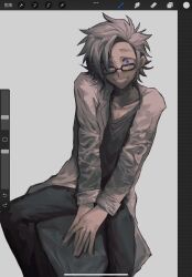 Rule 34 | 1boy, black pants, black shirt, blue eyes, commentary request, constricted pupils, glasses, grey hair, grin, highres, kanou aogu, lab coat, long sleeves, looking at viewer, male focus, open clothes, pants, procreate (medium), procreate (software), saibou shinkyoku, shirt, sitting, smile, solo, zenin netsuzou