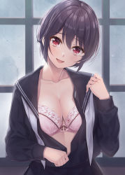 Rule 34 | 1girl, :d, black hair, bow, bow bra, bra, breasts, cleavage, collarbone, commentary request, frilled bra, frills, highres, large breasts, looking at viewer, unworn neckerchief, open clothes, open mouth, opened by self, original, pleated skirt, red eyes, school uniform, serafuku, short hair, skirt, smile, solo, underwear, white bra, window, yamakaze ran