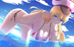 Rule 34 | 10s, 1girl, absurdres, adjusting hair, all fours, barefoot, bikini, bikini under clothes, bismarck (kancolle), blonde hair, blue eyes, breasts, bubble, cleavage, cloud, colored eyelashes, crop top, day, dutch angle, female focus, from side, hanging breasts, hat, highres, kantai collection, large breasts, lens flare, light smile, long hair, looking at viewer, moonhackle, ocean, partially submerged, peaked cap, see-through, shirt, short sleeves, side-tie bikini bottom, sideboob, sky, smile, solo, sparkle, string bikini, swimsuit, swimsuit under clothes, t-shirt, very long hair, water, wet, wet clothes, wet shirt, white shirt, xylinda