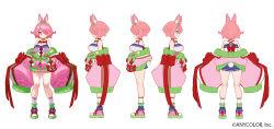 Rule 34 | 1girl, animal ears, azuchi momo, azuchi momo (1st costume), bare shoulders, blue shorts, bow, breasts, character sheet, choker, closed mouth, copyright name, copyright notice, crop top, full body, green ribbon, green scrunchie, hair over one eye, hair ribbon, jacket, large breasts, long sleeves, looking at viewer, multicolored clothes, multicolored jacket, multiple views, navel, nijisanji, off shoulder, official art, oversized clothes, pink eyes, pink hair, pink jacket, rabbit ears, rabbit tail, red bow, red choker, ribbon, scrunchie, second-party source, shirt, shoes, short shorts, shorts, simple background, sleeveless, sleeves past fingers, sleeves past wrists, smile, sneakers, socks, tachi-e, tail, virtual youtuber, white background, white shirt, white socks, wrist scrunchie, yuuki (irodo rhythm)