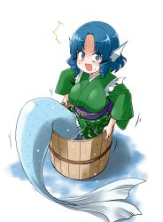 Rule 34 | 1girl, blue eyes, blue hair, blush, breasts, bucket, drill hair, fins, green kimono, head fins, in bucket, in container, japanese clothes, kimono, kousei (public planet), large breasts, mermaid, monster girl, obi, open mouth, sash, shaded face, short kimono, solo, stuck, touhou, wakasagihime, wooden bucket