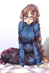 Rule 34 | 1girl, black dress, blue sweater, blush, bow, breasts, brown hair, center opening, dress, earrings, fate/grand order, fate (series), glasses, hair bow, highres, jewelry, long hair, long sleeves, looking at viewer, medium breasts, off-shoulder dress, off shoulder, open mouth, orange bow, red eyes, ribbed sweater, shirokuma a, simple background, smile, solo, sweater, thighs, turtleneck, turtleneck sweater, very long hair, white background, yu mei-ren (fate), yu mei-ren (first ascension) (fate)