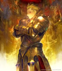 Rule 34 | 1boy, 2015, armor, astarone, blonde hair, crossed arms, dated, earrings, fate/stay night, fate/zero, fate (series), gilgamesh (fate), jewelry, male focus, md5 mismatch, red eyes, resolution mismatch, short hair, smile, solo