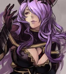 Rule 34 | 1girl, armor, black armor, breasts, camilla (fire emblem), cape, capelet, cleavage, fire emblem, fire emblem fates, gauntlets, grey background, hair over one eye, hungry clicker, large breasts, light purple hair, lips, long hair, nintendo, parted lips, purple eyes, purple hair, solo, tiara, vambraces, wavy hair
