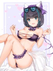 Rule 34 | 1girl, absurdres, animal ears, ass, azur lane, bare shoulders, bikini, black hair, blue ribbon, breasts, bridal garter, cheshire (azur lane), cheshire (summery date!) (azur lane), choker, cleavage, collarbone, commentary request, fake animal ears, fang, feet out of frame, frills, hands up, highres, knees up, large breasts, looking at viewer, multicolored hair, nail polish, pink ribbon, purple bikini, ribbon, short hair, sitting, smile, solo, swimsuit, thigh strap, yukineko1018