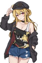 Rule 34 | 1girl, absurdres, alternate costume, alternate hairstyle, black shirt, blonde hair, blue shorts, blush, breasts, cabbie hat, cleavage, clothes writing, commentary, contemporary, eyewear on head, hat, highres, junko (touhou), large breasts, long hair, long sleeves, looking at viewer, medium breasts, orchid (orukido), parted lips, red eyes, round eyewear, shirt, short shorts, shorts, simple background, solo, touhou, white background