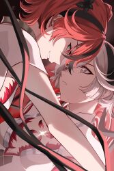 2girls breasts camellya_(wuthering_waves) commentary dark_persona dual_persona hair_between_eyes highres i_a_n looking_at_another medium_breasts multiple_girls parted_lips red_eyes red_hair smile tacet_mark_(wuthering_waves) white_eyes white_hair wuthering_waves