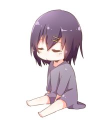 Rule 34 | 1girl, bafarin, bare legs, between legs, chibi, dress, closed eyes, gabriel dropout, hair down, hair ornament, hairclip, hand between legs, purple hair, simple background, sleeveless, solo, vignette tsukinose april, white background