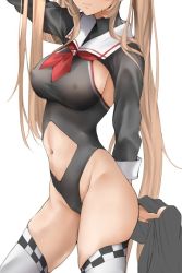 Rule 34 | 1girl, breasts, brown hair, covered erect nipples, head out of frame, kantai collection, leotard, long hair, murasame (kancolle), murasame kai ni (kancolle), navel, sailor collar, simple background, skirt, solo, thighhighs, tororo ten, unworn skirt, white background, white thighhighs